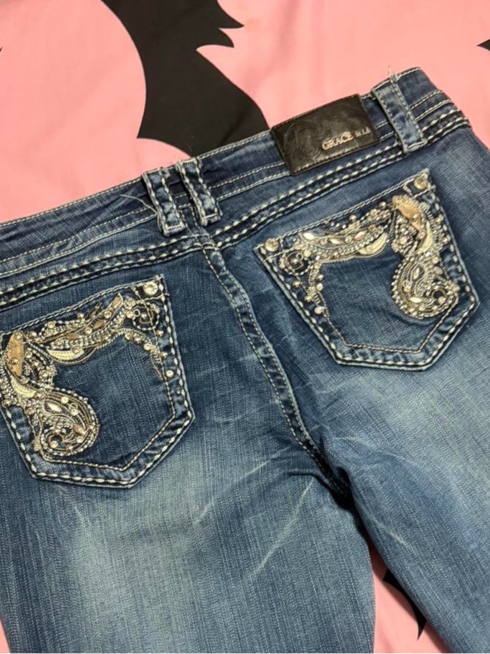 Grace In LA Embellished Dark Blue Boot Cut Jeans